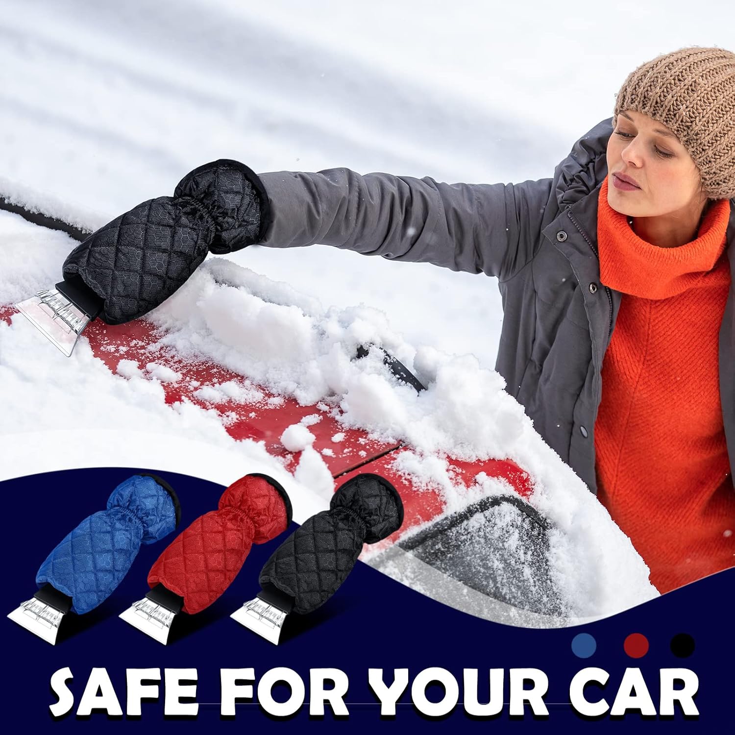 9 Pack Ice Scraper with Glove for Cars Windshield with Mitt Snow Warm Scraper Remover Waterproof Cozy Car Ice Scraper for Car Auto Truck Window Red Black Blue - Image 6