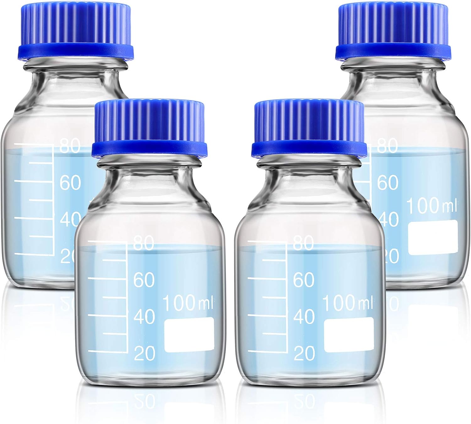 4 Pieces Glass Round Media Storage Glass Bottles Borosilicate Media Bottles with GL45 Blue Screw Cap for Lab Water Reagent Liquids(100 ml) - Image 1