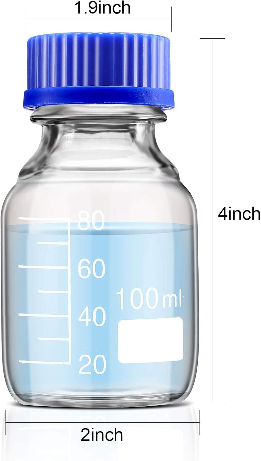 4 Pieces Glass Round Media Storage Glass Bottles Borosilicate Media Bottles with GL45 Blue Screw Cap for Lab Water Reagent Liquids(100 ml) - Image 2