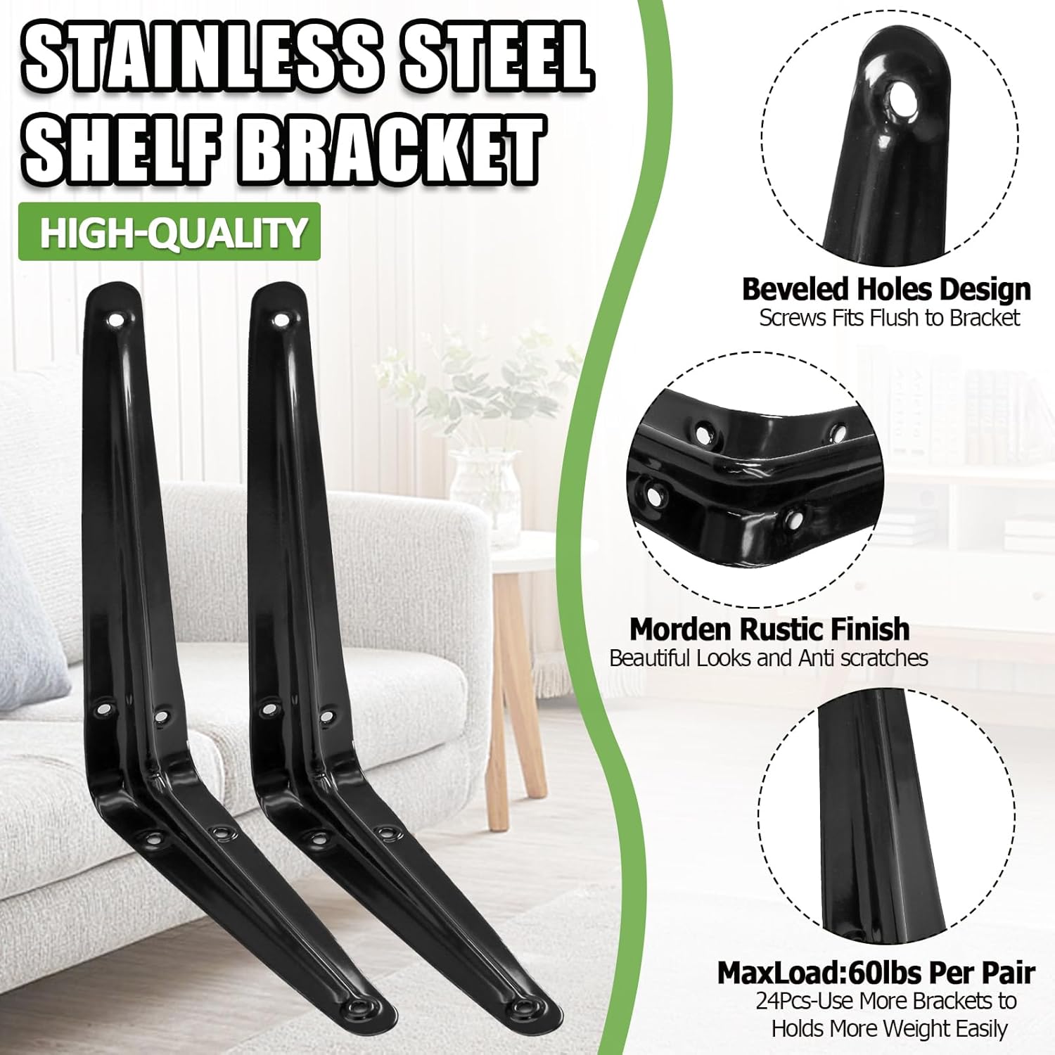 24 Pack Shelf Brackets 8 x 6 Inch, Heavy Duty Black Metal Floating Shelf Bracket, L Bracket Corner Brace Support J Bracket, Decorative Joint Angle Bracket for Hanging - Image 4
