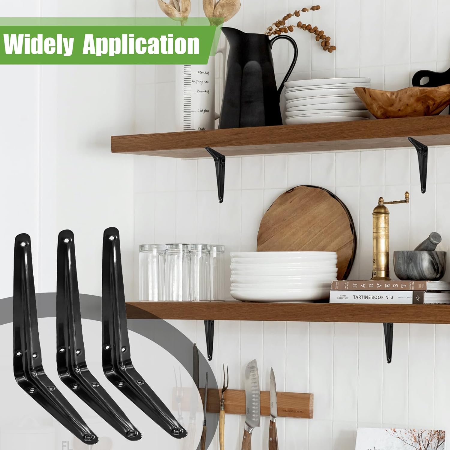 24 Pack Shelf Brackets 8 x 6 Inch, Heavy Duty Black Metal Floating Shelf Bracket, L Bracket Corner Brace Support J Bracket, Decorative Joint Angle Bracket for Hanging - Image 7