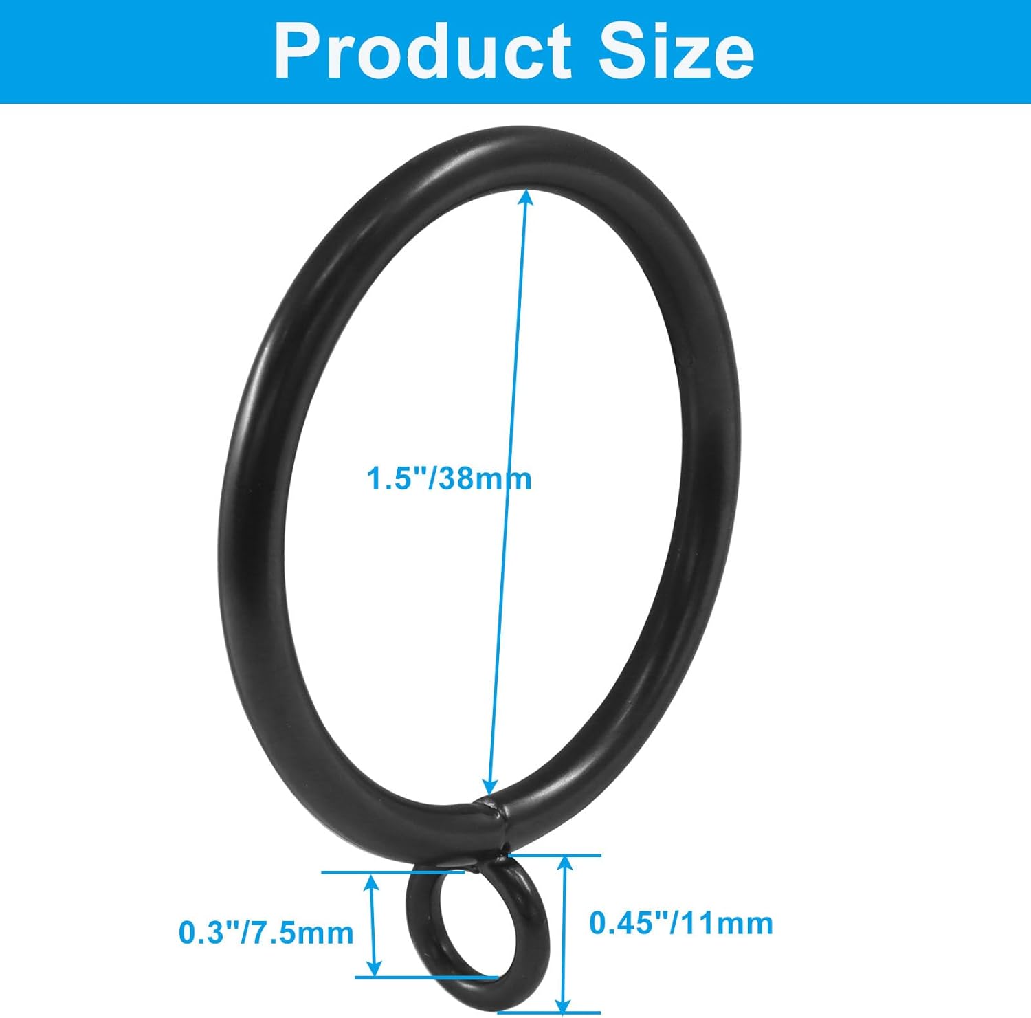 50 Pack Black Curtain Rings, Metal Curtain Rings with Eyelets Drapery Rings, 1.5 Inch Inner Diameter Drape Rings for 1.2 in Rods - Image 3