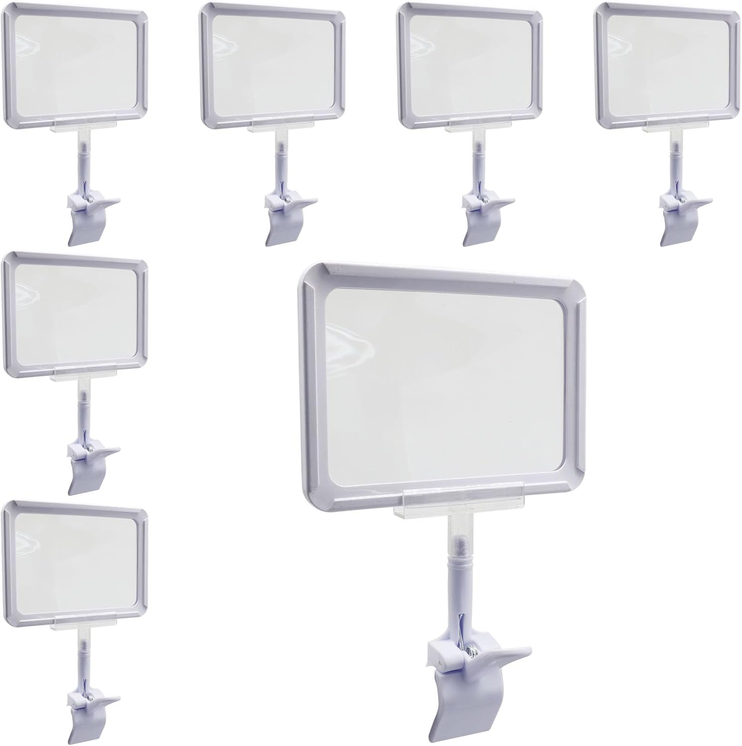 7 Pack White Acrylic Sign Holder with Clamp, 7x9 Inch Double Head Display Clips with Rotating Base and Sign Clip for Clothing, Retail, Boutique Display - Image 1