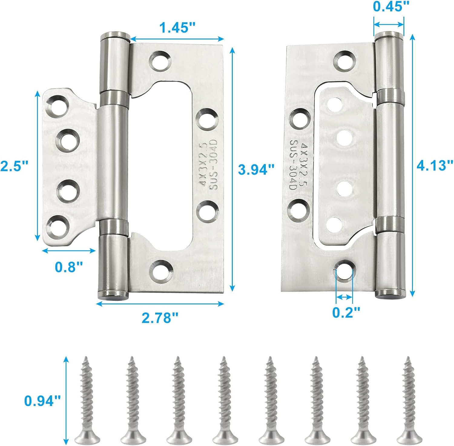 6 Pack Silver Non Mortise Door Hinges, 4