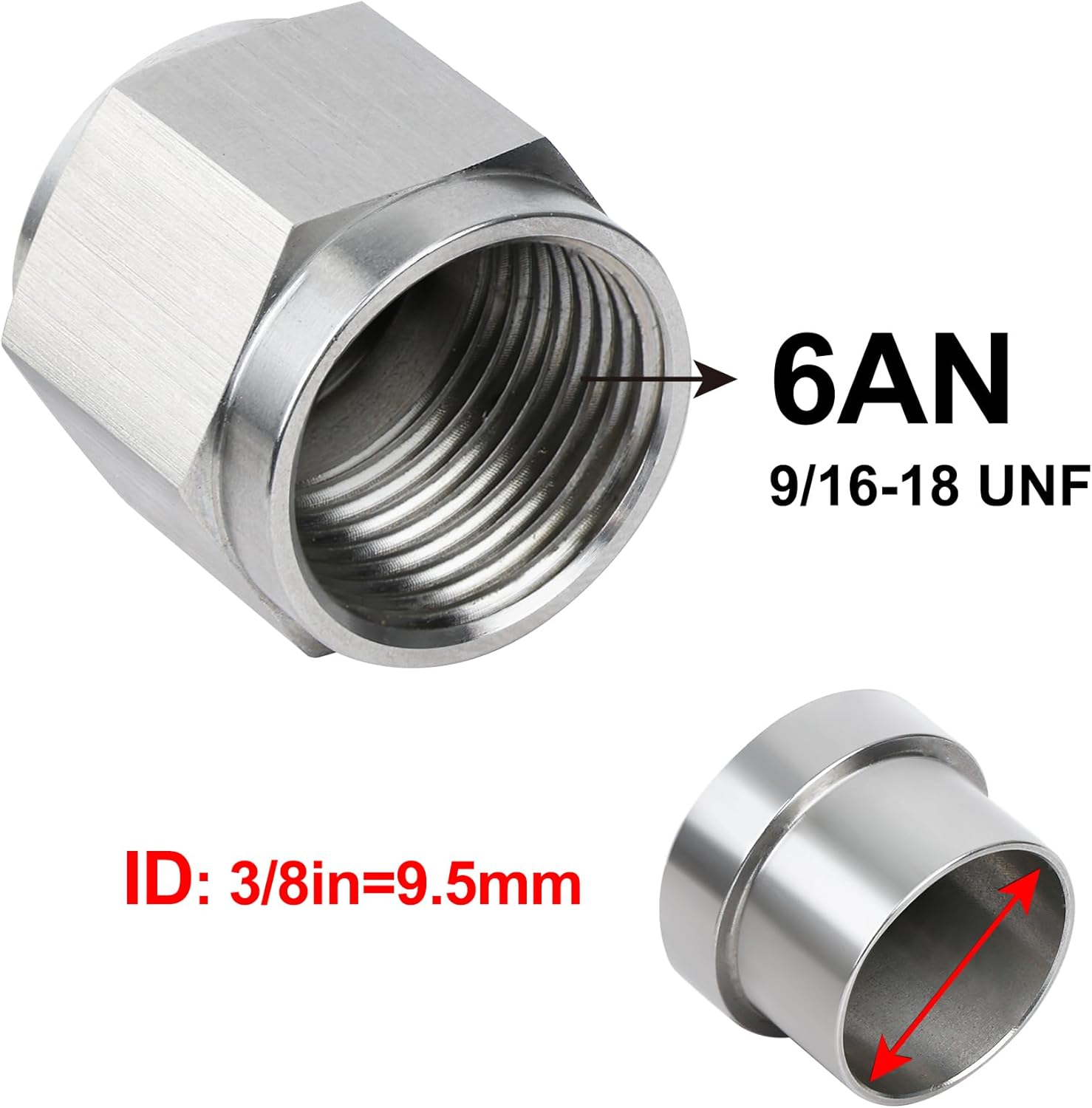 6AN Female Hardline Tube Nut and Sleeve Fitting Stainless Steel for 3/8