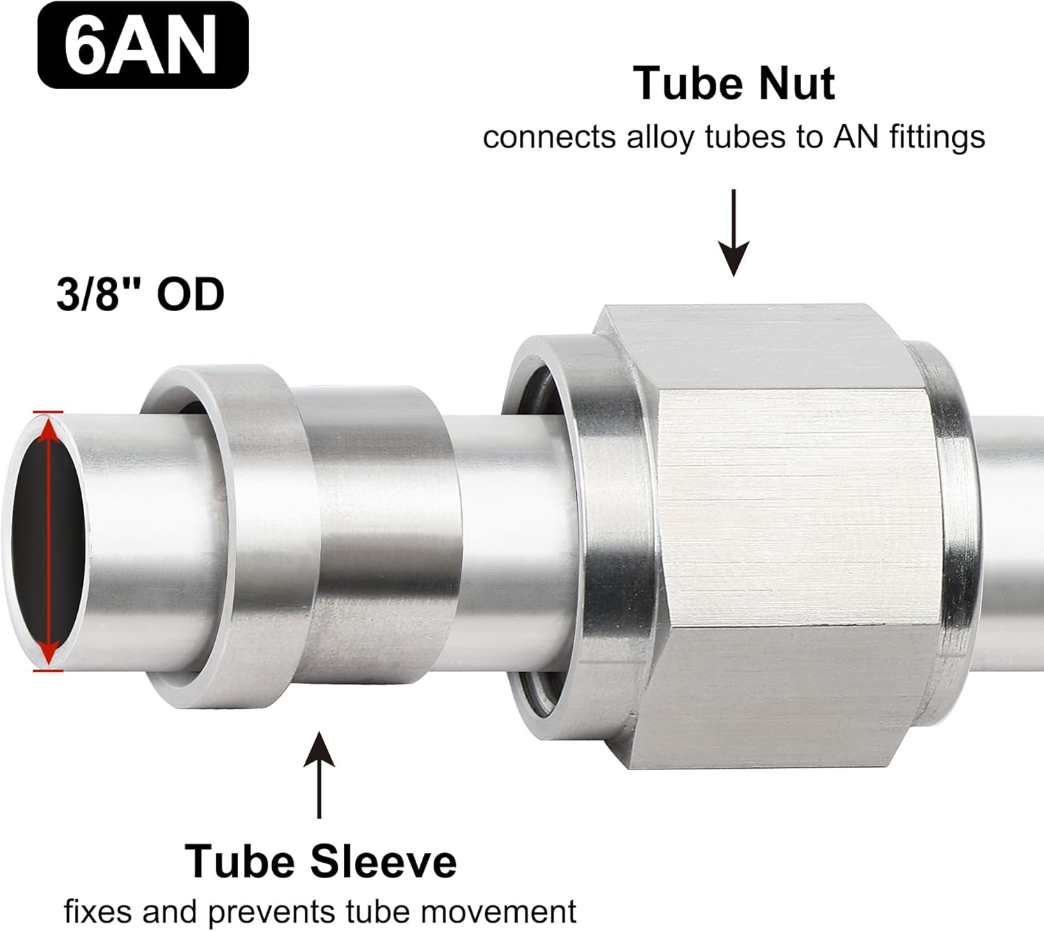 6AN Female Hardline Tube Nut and Sleeve Fitting Stainless Steel for 3/8