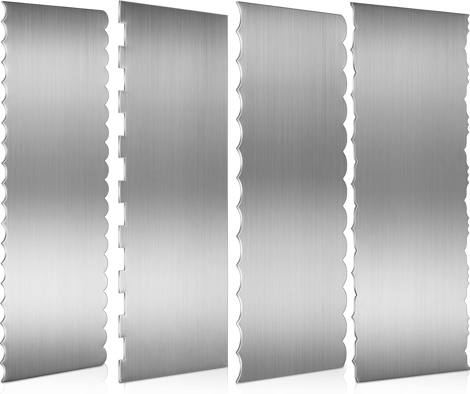 4 Pieces Stainless Steel Cake Scraper Smoother Large Double Sided Patterned Edge Stripe 9 Inch Metal Cake Decorating Comb for Icing Mousse Butter Cream Decoration, 4 Styles - Image 1