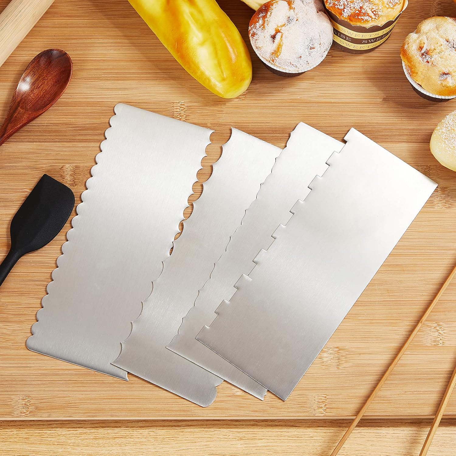 4 Pieces Stainless Steel Cake Scraper Smoother Large Double Sided Patterned Edge Stripe 9 Inch Metal Cake Decorating Comb for Icing Mousse Butter Cream Decoration, 4 Styles - Image 6