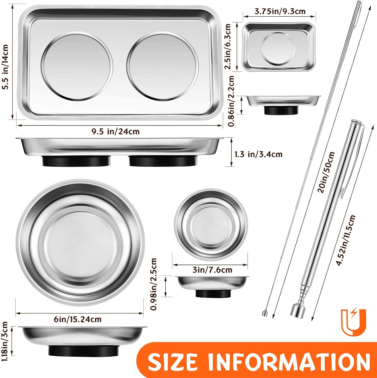 4 pcs Magnetic Tray with Magnetic Pin Screw Bolt Holder Round Magnet Parts Bowl Stainless Steel Pickup Tool Tray for Mechanic's - Image 2