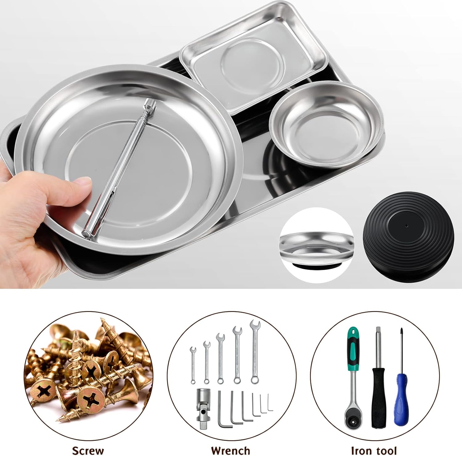 4 pcs Magnetic Tray with Magnetic Pin Screw Bolt Holder Round Magnet Parts Bowl Stainless Steel Pickup Tool Tray for Mechanic's - Image 3