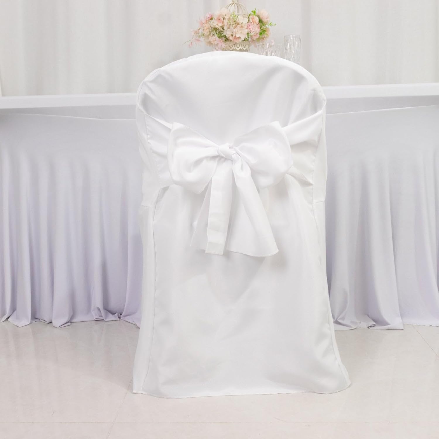 Efavormart 10 Pack White Linen Polyester Folding Chair Covers for Party Dining Chairs Reusable Wedding Chair Slipcovers with Attached Sashes Outdoor Event Decor - Image 1