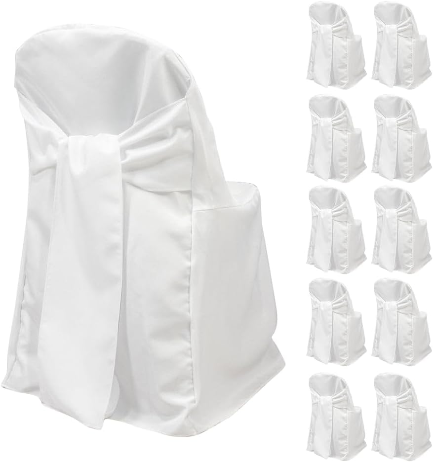 Efavormart 10 Pack White Linen Polyester Folding Chair Covers for Party Dining Chairs Reusable Wedding Chair Slipcovers with Attached Sashes Outdoor Event Decor - Image 4