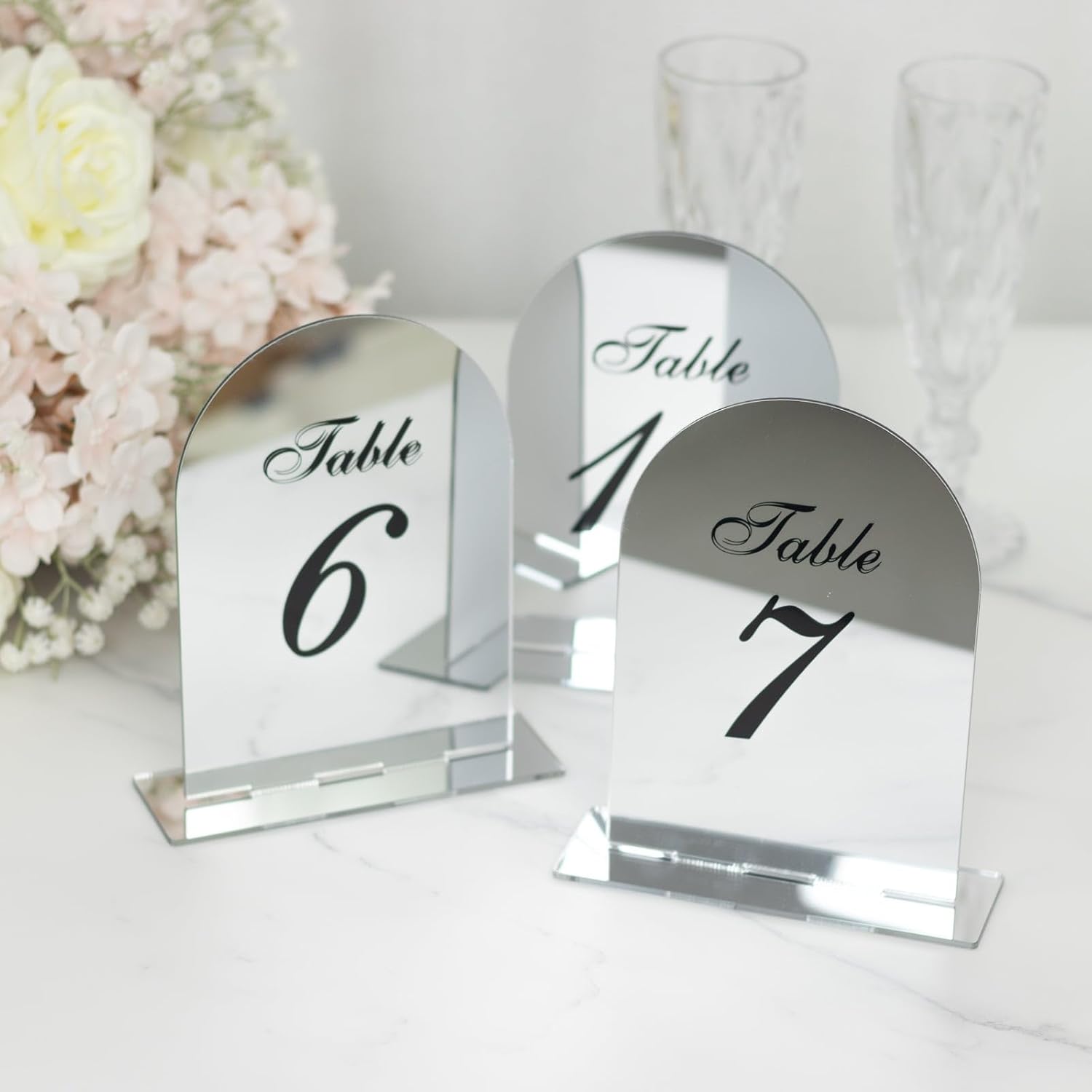 Efavormart Wedding Table Numbers 1-10 – Silver Mirror Arch Acrylic with Black Print & Stands for Elegant Receptions - 6