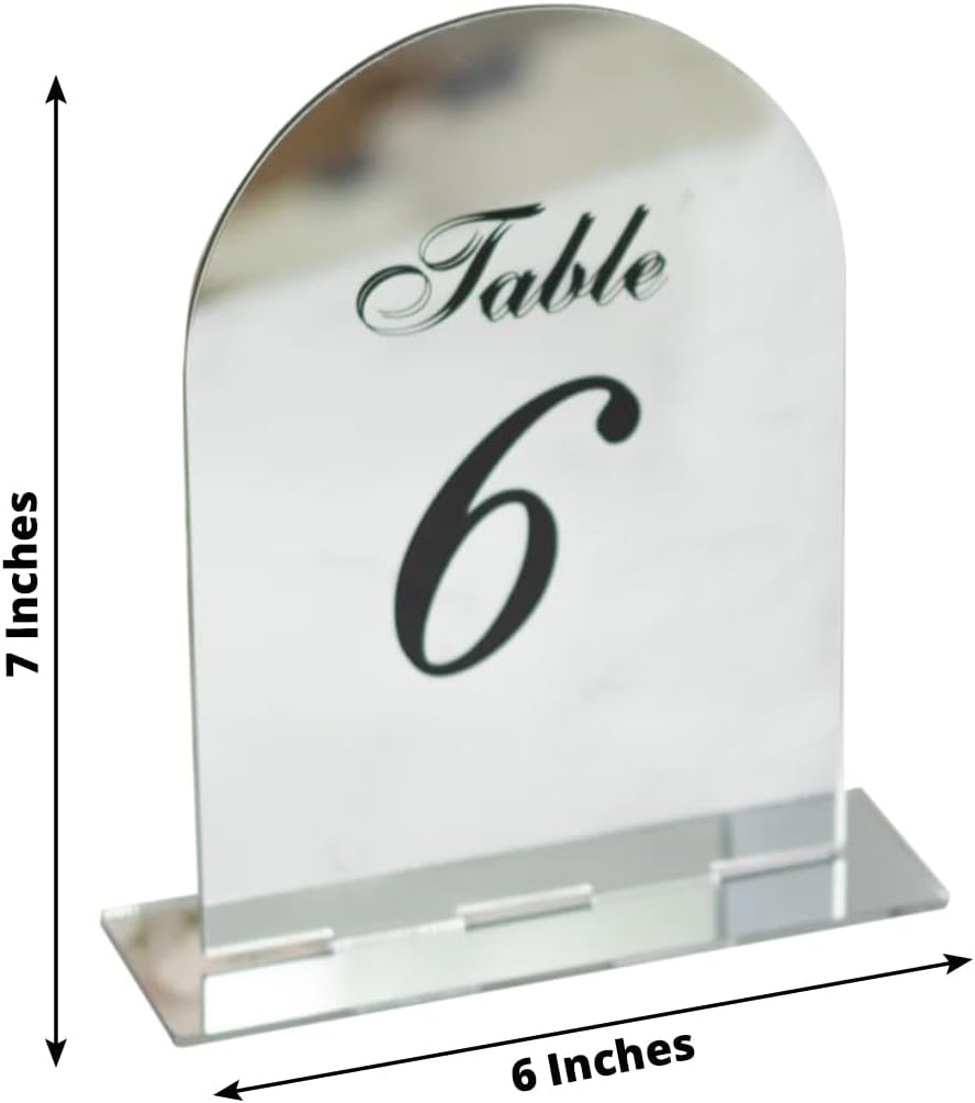 Efavormart Wedding Table Numbers 1-10 – Silver Mirror Arch Acrylic with Black Print & Stands for Elegant Receptions - 6