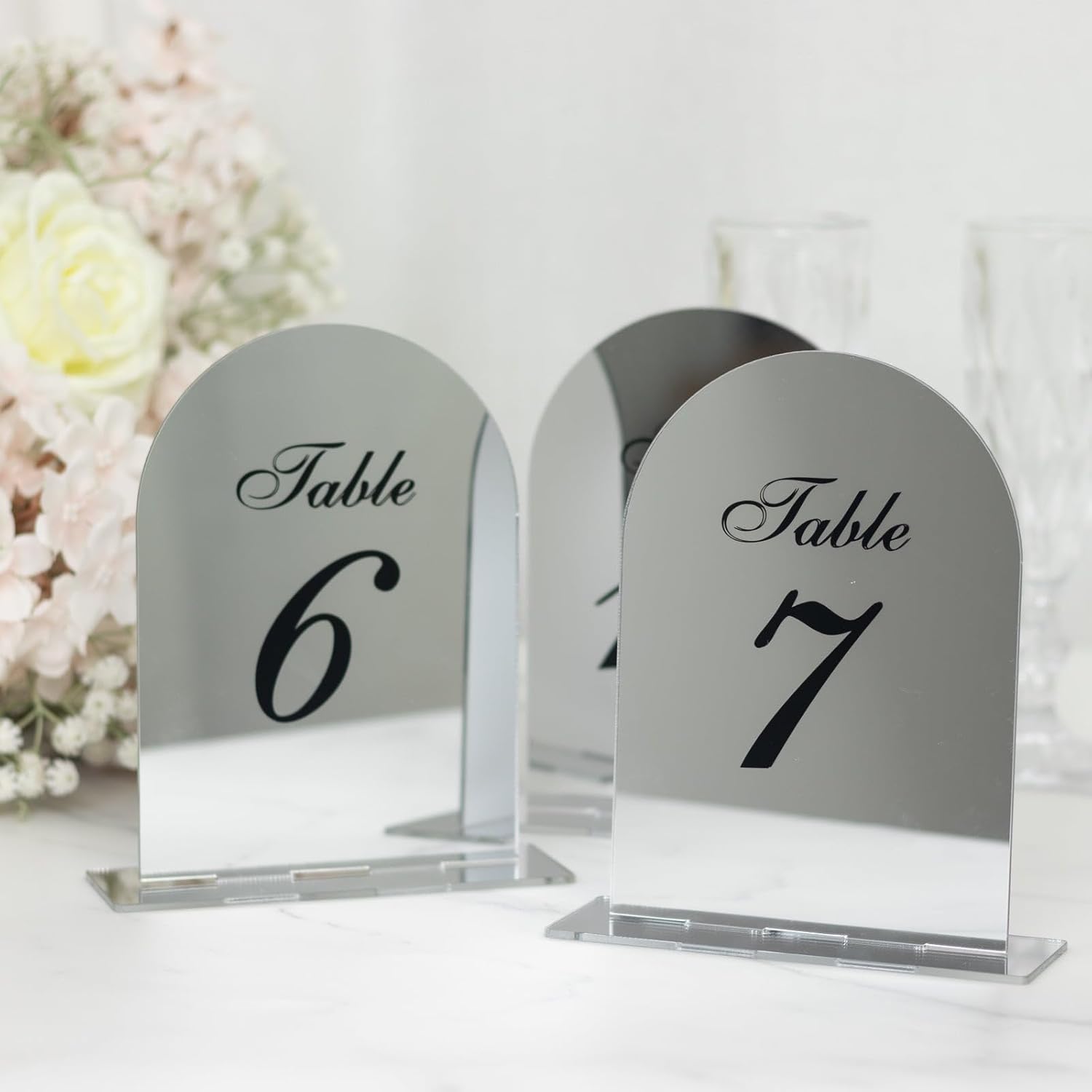 Efavormart Wedding Table Numbers 1-10 – Silver Mirror Arch Acrylic with Black Print & Stands for Elegant Receptions - 6