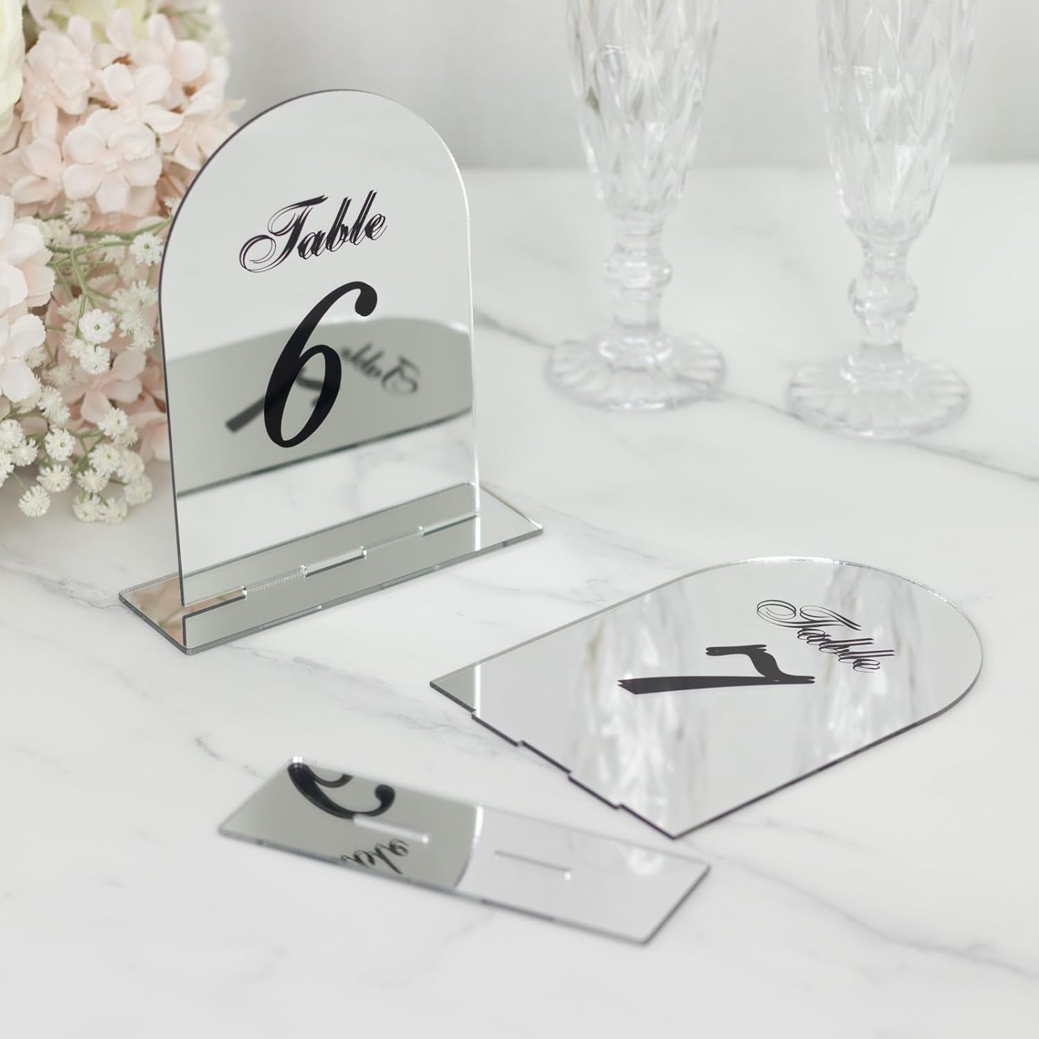 Efavormart Wedding Table Numbers 1-10 – Silver Mirror Arch Acrylic with Black Print & Stands for Elegant Receptions - 6