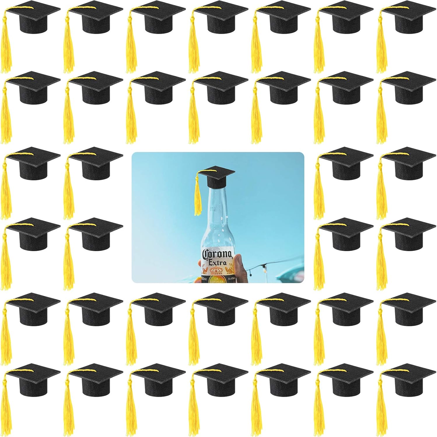 36 Pieces 2026 Mini Graduation Caps with Tassels Graduation Wine Bottle Toppers(Black Cap with Gold Tassel) - Image 1
