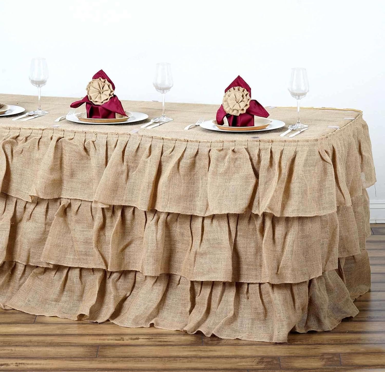 Efavormart 3 Tier Rustic Elegant Ruffled Burlap Table Skirt for Kitchen Dining Catering Wedding Party Decorations Events - 14 Ft - Image 1