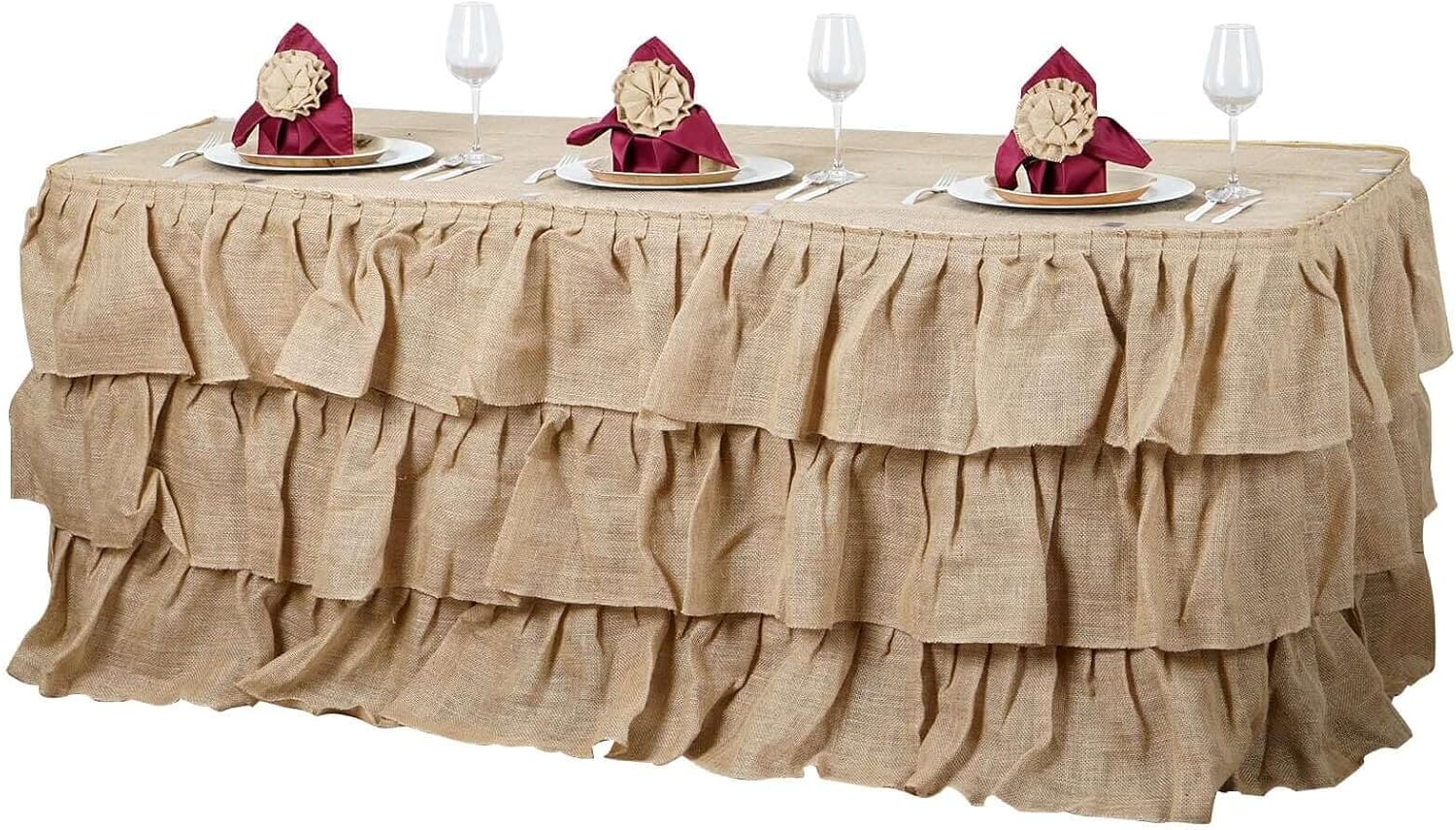 Efavormart 3 Tier Rustic Elegant Ruffled Burlap Table Skirt for Kitchen Dining Catering Wedding Party Decorations Events - 14 Ft - Image 3