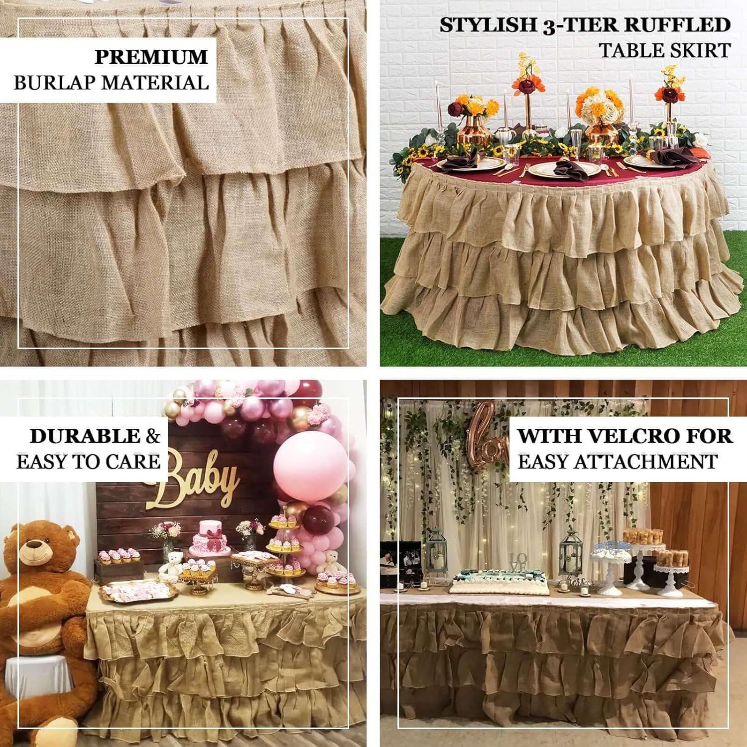 Efavormart 3 Tier Rustic Elegant Ruffled Burlap Table Skirt for Kitchen Dining Catering Wedding Party Decorations Events - 14 Ft - Image 4
