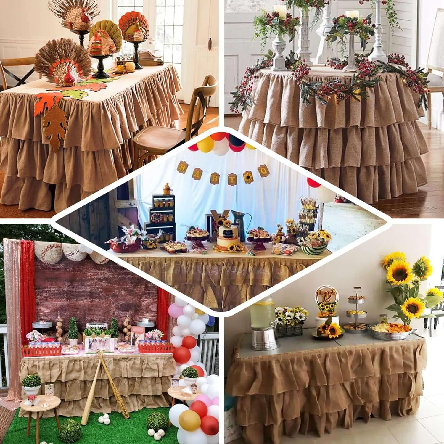 Efavormart 3 Tier Rustic Elegant Ruffled Burlap Table Skirt for Kitchen Dining Catering Wedding Party Decorations Events - 14 Ft - Image 5