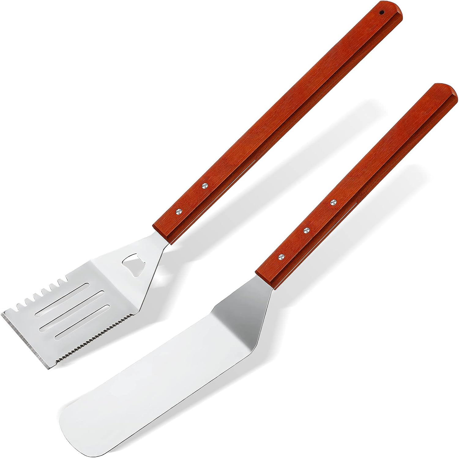 2 Pieces BBQ Extra Long Grill Turner and Grill Spatula, Stainless Steel Barbecue Grilling Accessories, Slotted Spatula and Solid Kitchen Spatula with Wooden Handle, 20 Inch - Image 1