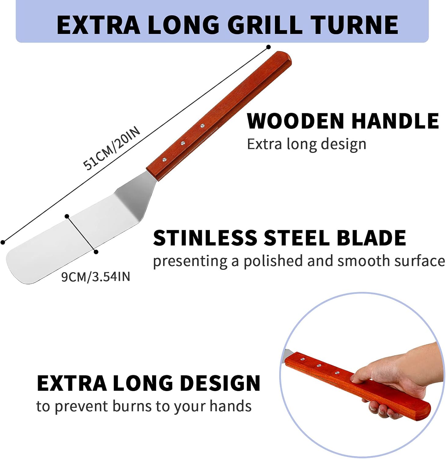 2 Pieces BBQ Extra Long Grill Turner and Grill Spatula, Stainless Steel Barbecue Grilling Accessories, Slotted Spatula and Solid Kitchen Spatula with Wooden Handle, 20 Inch - Image 2
