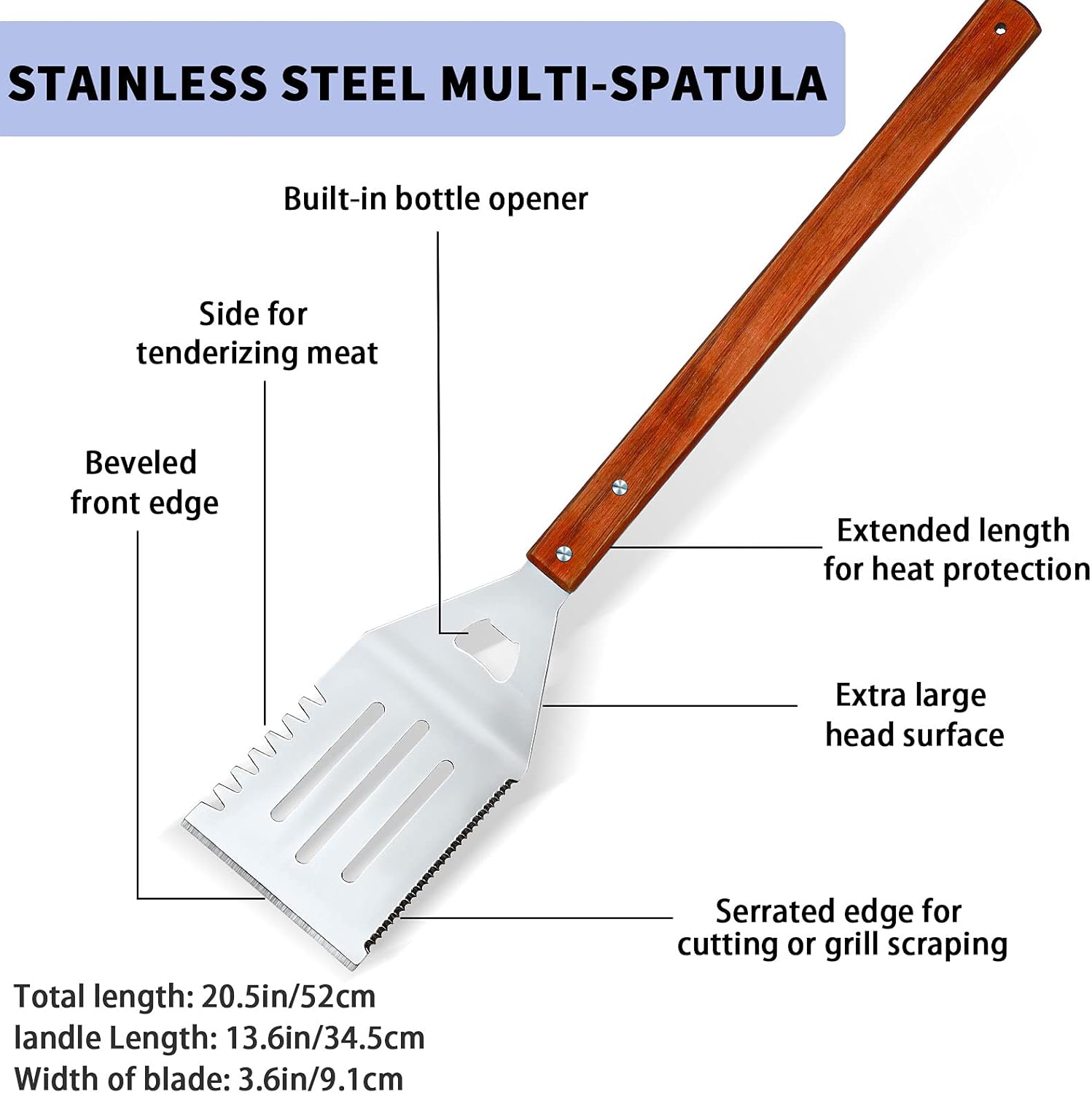 2 Pieces BBQ Extra Long Grill Turner and Grill Spatula, Stainless Steel Barbecue Grilling Accessories, Slotted Spatula and Solid Kitchen Spatula with Wooden Handle, 20 Inch - Image 3