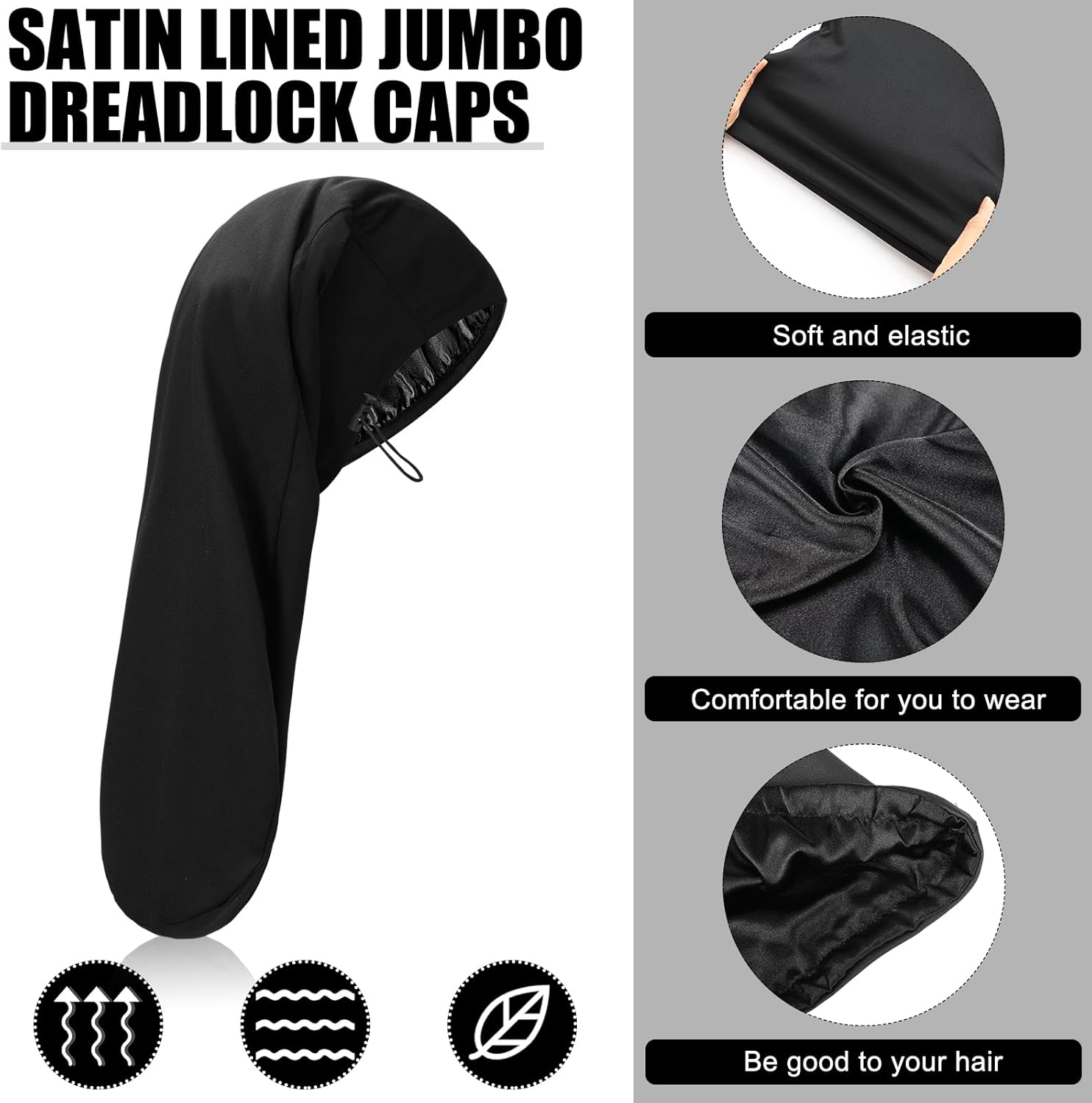 2 Pieces Satin Lined Unisex Jumbo Dreadlock Cap Long Dreads Hair Head Wrap Sleeping Cap Hair Accessories Sleep Bonnet - Image 3