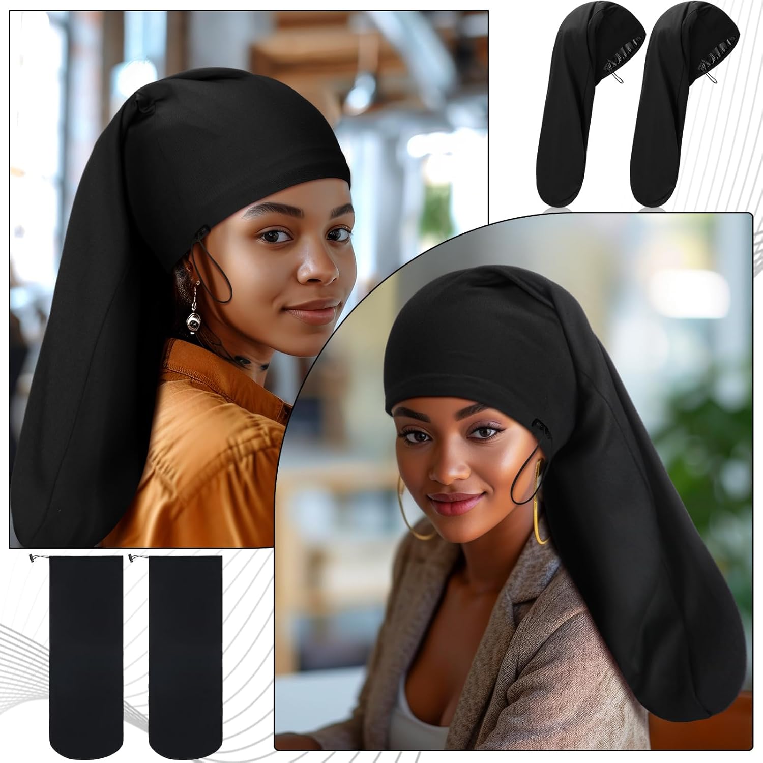 2 Pieces Satin Lined Unisex Jumbo Dreadlock Cap Long Dreads Hair Head Wrap Sleeping Cap Hair Accessories Sleep Bonnet - Image 5