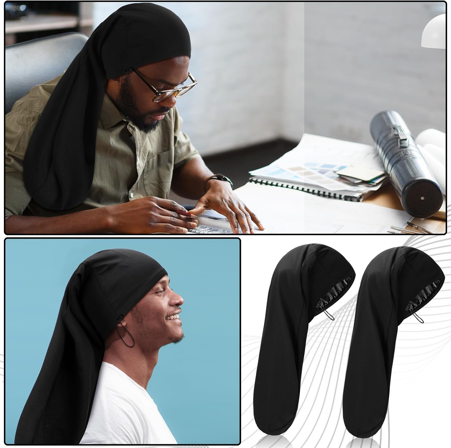 2 Pieces Satin Lined Unisex Jumbo Dreadlock Cap Long Dreads Hair Head Wrap Sleeping Cap Hair Accessories Sleep Bonnet - Image 6