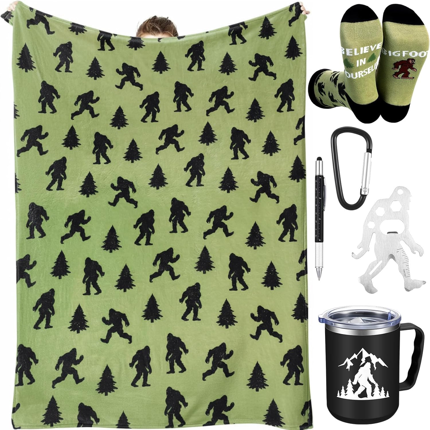 5 Pcs Bigfoot Sasquatch Gifts Sasquatch Lovers Gift with Large Blanket 12 oz Insulated Tumbler Socks Can Opener Keychain and Ballpoint Pen for Men Women Dad Grandpa Gifts - Image 1