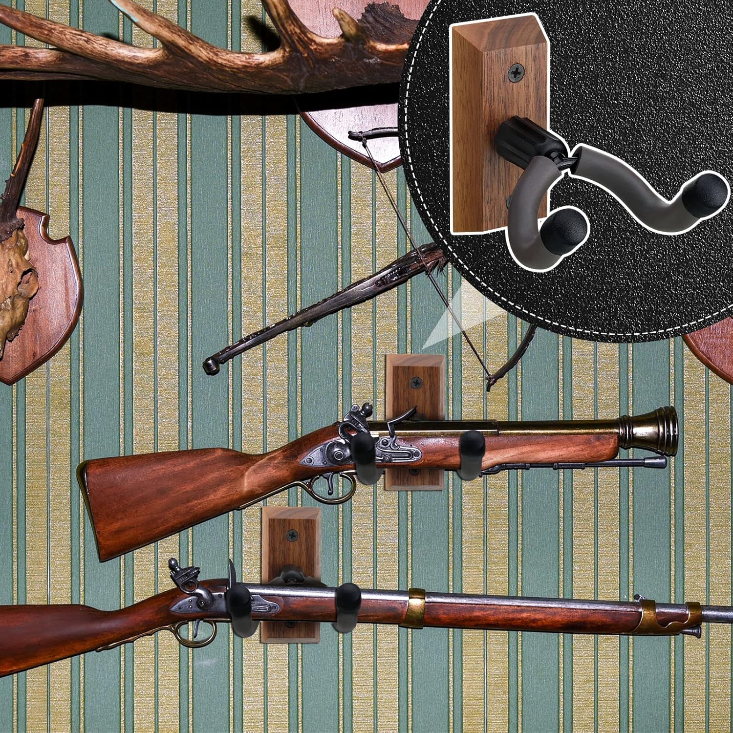 Crossbow Hanger for Wall Vertical Gun Rack Wall Mount Hardwood Gun Holder Compound Bow Hanger Holder Displays Rack Shotgun Hooks Rifle Storage Securely Holds Airsoft Firearm - Image 4