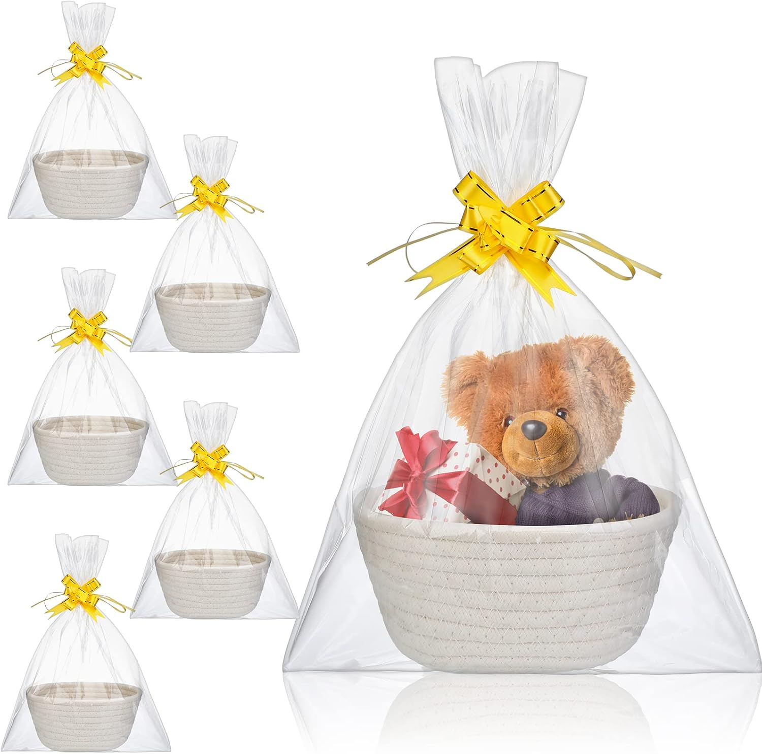6 Sets Small Gift Baskets Empty Bulk Woven Cotton Basket with Bags Ribbons Easter Rabbit Candy Eggs Basket for Easter Birthday Wedding Graduation Gift(7.5 x 6.9 x 2.9 Inches) - Image 1