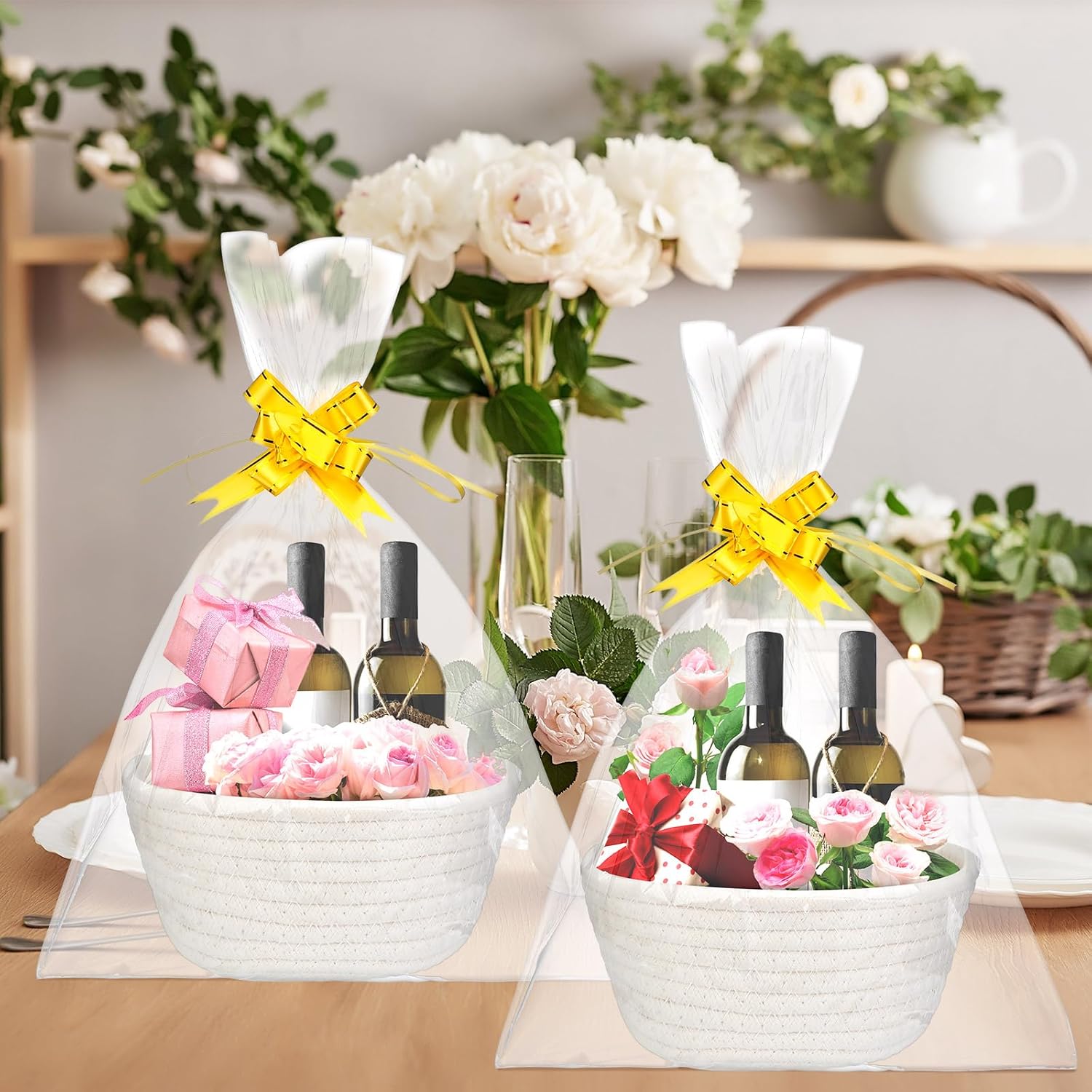6 Sets Small Gift Baskets Empty Bulk Woven Cotton Basket with Bags Ribbons Easter Rabbit Candy Eggs Basket for Easter Birthday Wedding Graduation Gift(7.5 x 6.9 x 2.9 Inches) - Image 3