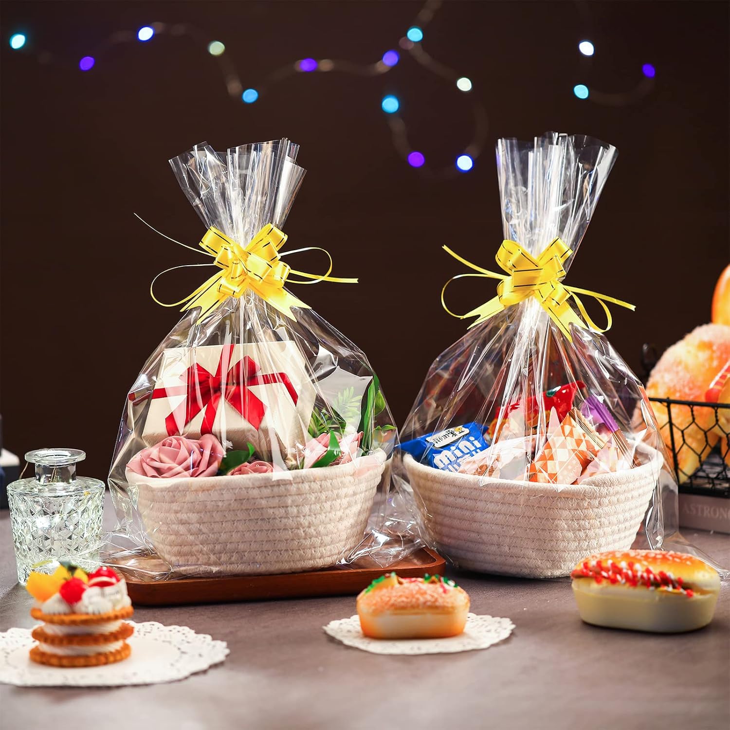6 Sets Small Gift Baskets Empty Bulk Woven Cotton Basket with Bags Ribbons Easter Rabbit Candy Eggs Basket for Easter Birthday Wedding Graduation Gift(7.5 x 6.9 x 2.9 Inches) - Image 4
