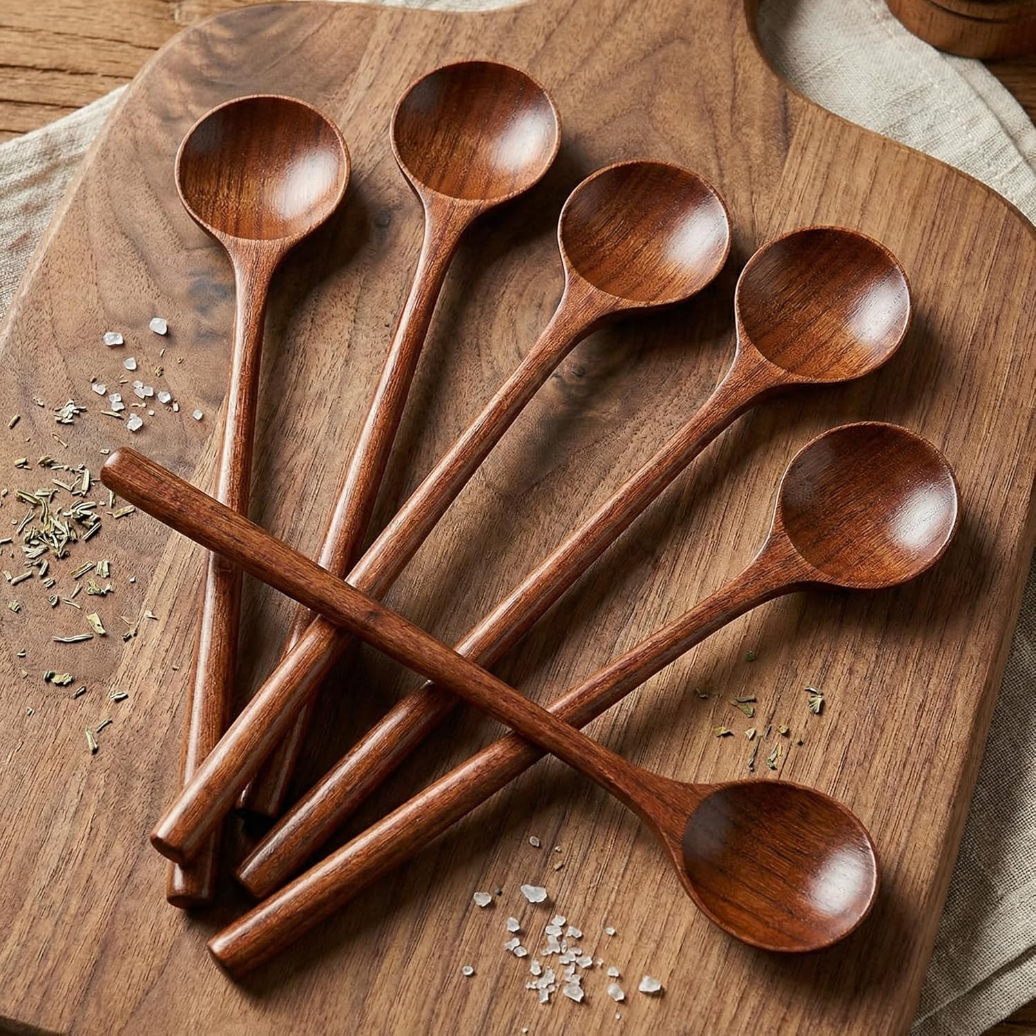 6 Pcs 11 Inch Wood Long Spoons Wooden Long Handle Round Scoops Korean Style Soup Spoons for Soup Cooking Mixing Stirring Kitchen Tools Utensils(Brown) - Image 1
