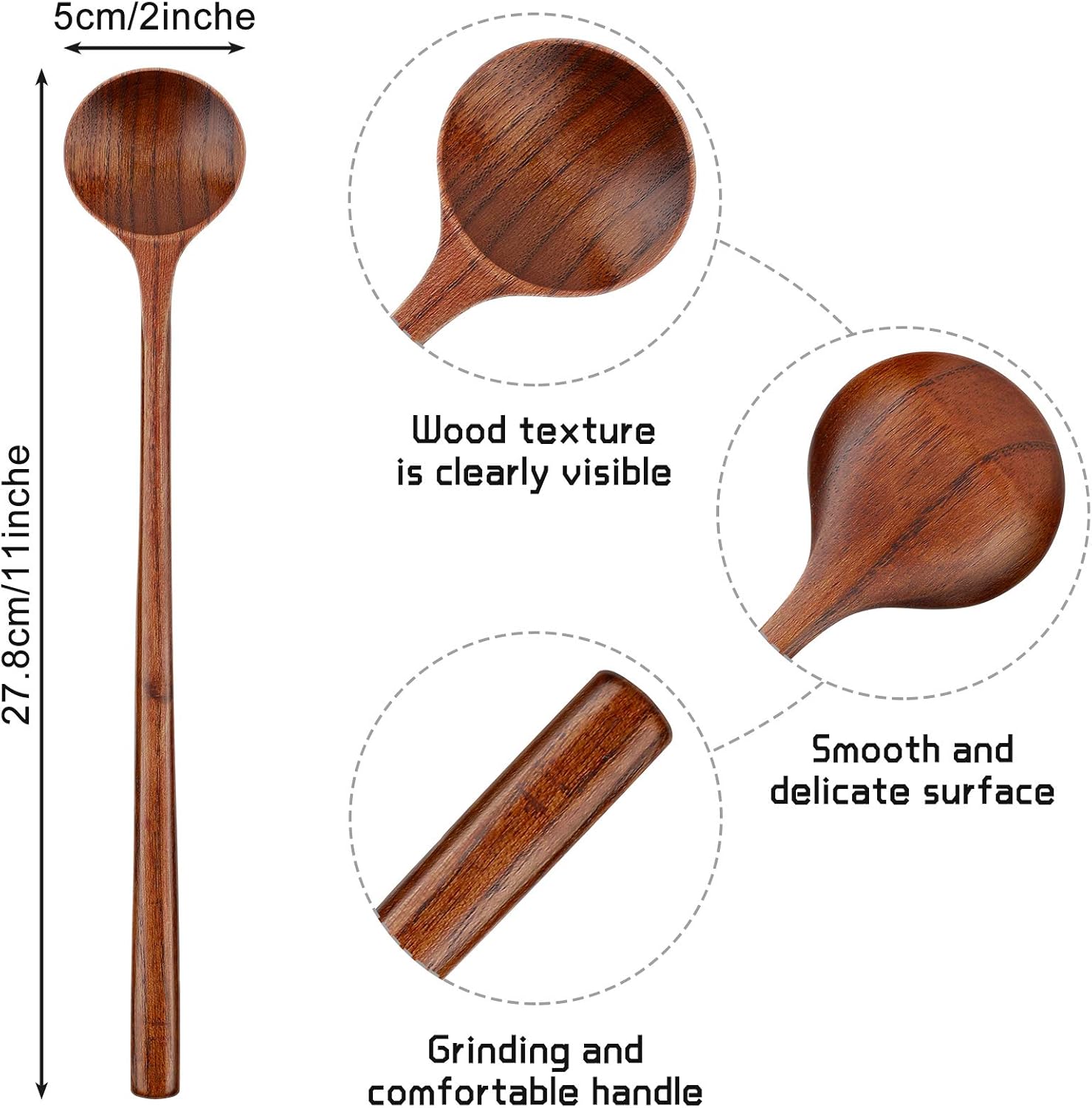 6 Pcs 11 Inch Wood Long Spoons Wooden Long Handle Round Scoops Korean Style Soup Spoons for Soup Cooking Mixing Stirring Kitchen Tools Utensils(Brown) - Image 2