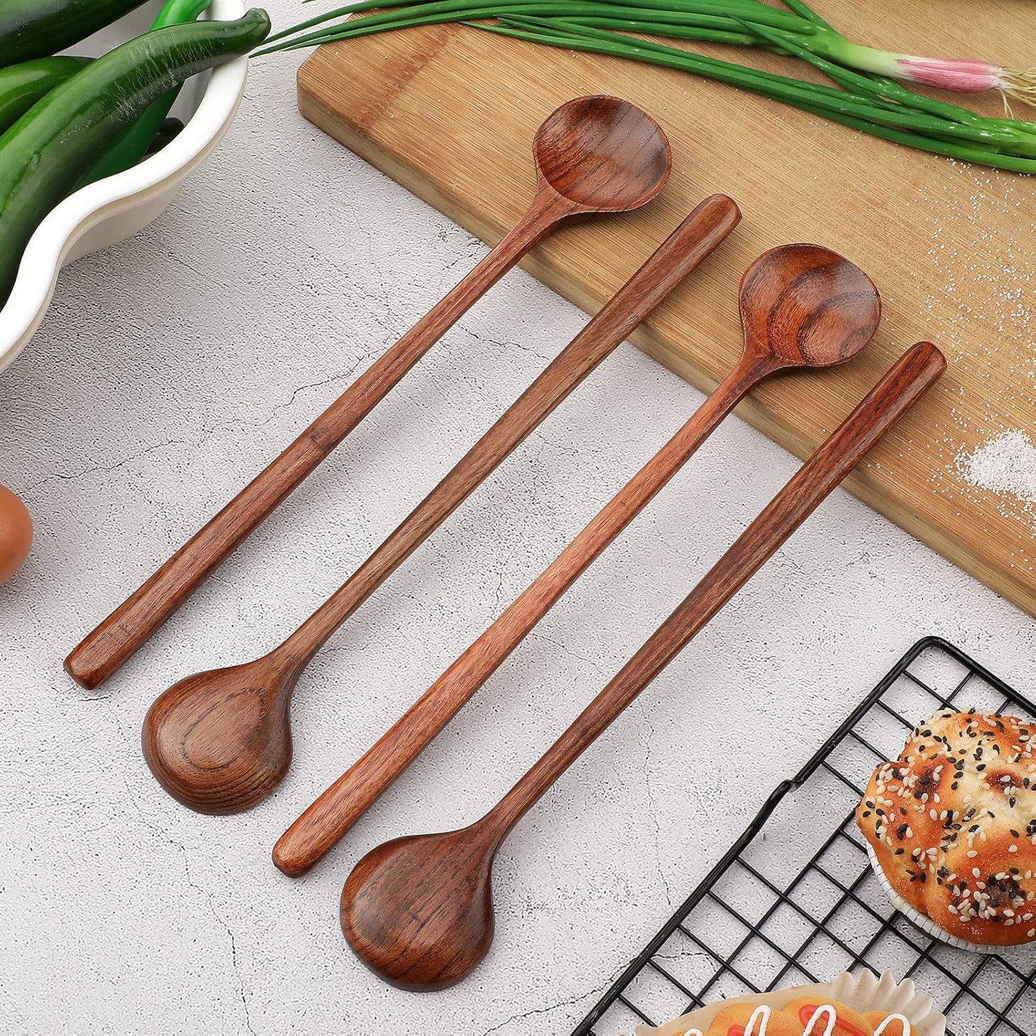 6 Pcs 11 Inch Wood Long Spoons Wooden Long Handle Round Scoops Korean Style Soup Spoons for Soup Cooking Mixing Stirring Kitchen Tools Utensils(Brown) - Image 5