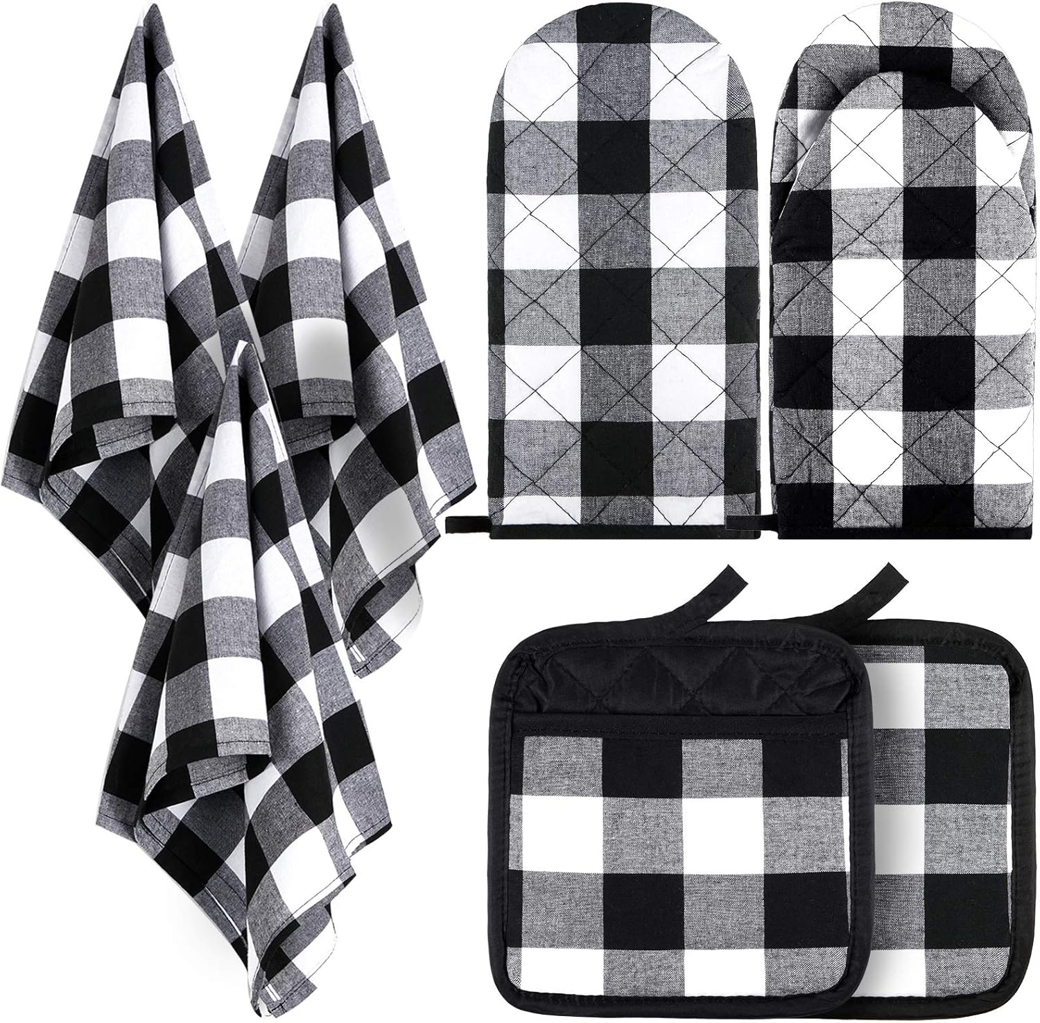 7 Pieces Buffalo Check Dish Towels Pot Holders Oven Mitts Set Cotton Plaid Kitchen Dish Towels Non-Slip Heat Resistant Oven Mitts and Pot Holders for Cooking Baking Grilling Supply (Black with White) - Image 1