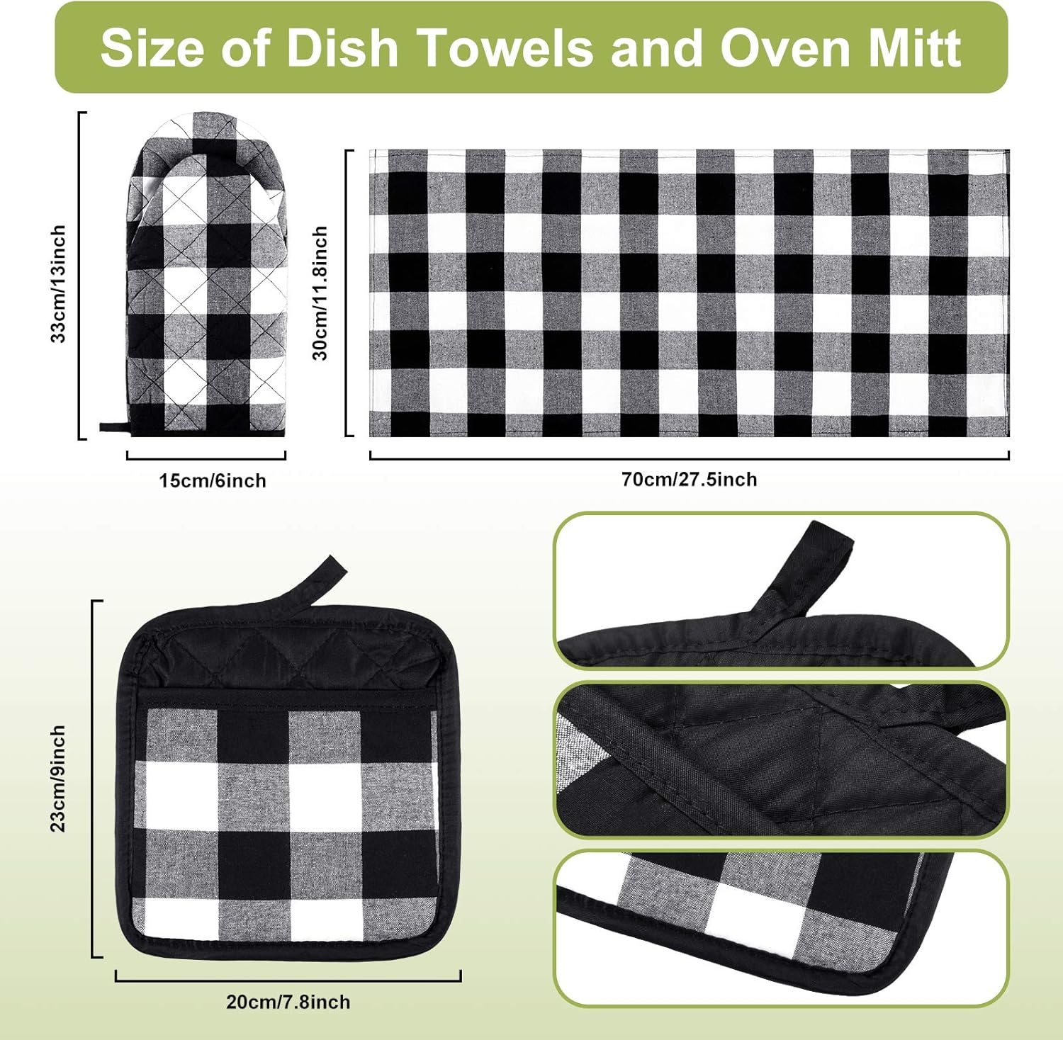 7 Pieces Buffalo Check Dish Towels Pot Holders Oven Mitts Set Cotton Plaid Kitchen Dish Towels Non-Slip Heat Resistant Oven Mitts and Pot Holders for Cooking Baking Grilling Supply (Black with White) - Image 2
