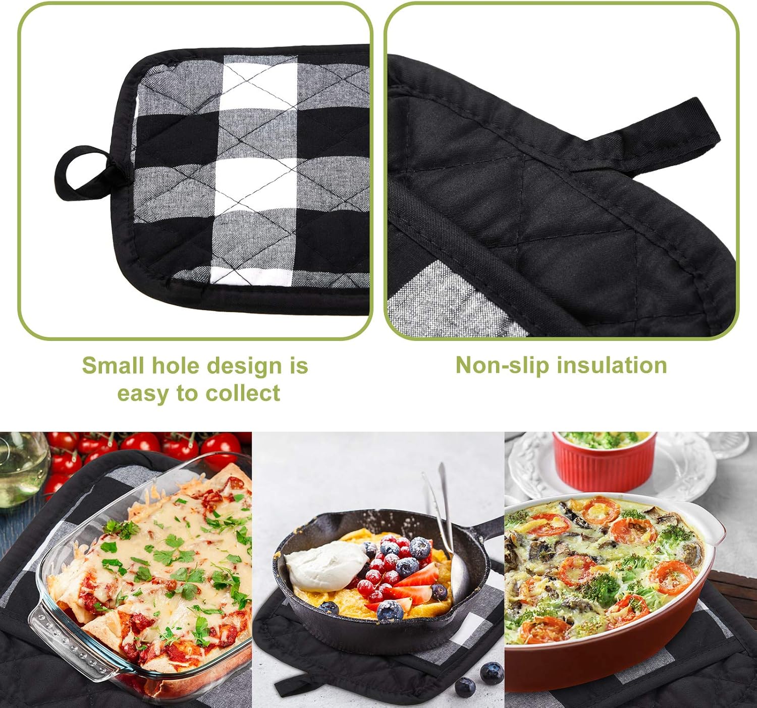 7 Pieces Buffalo Check Dish Towels Pot Holders Oven Mitts Set Cotton Plaid Kitchen Dish Towels Non-Slip Heat Resistant Oven Mitts and Pot Holders for Cooking Baking Grilling Supply (Black with White) - Image 3