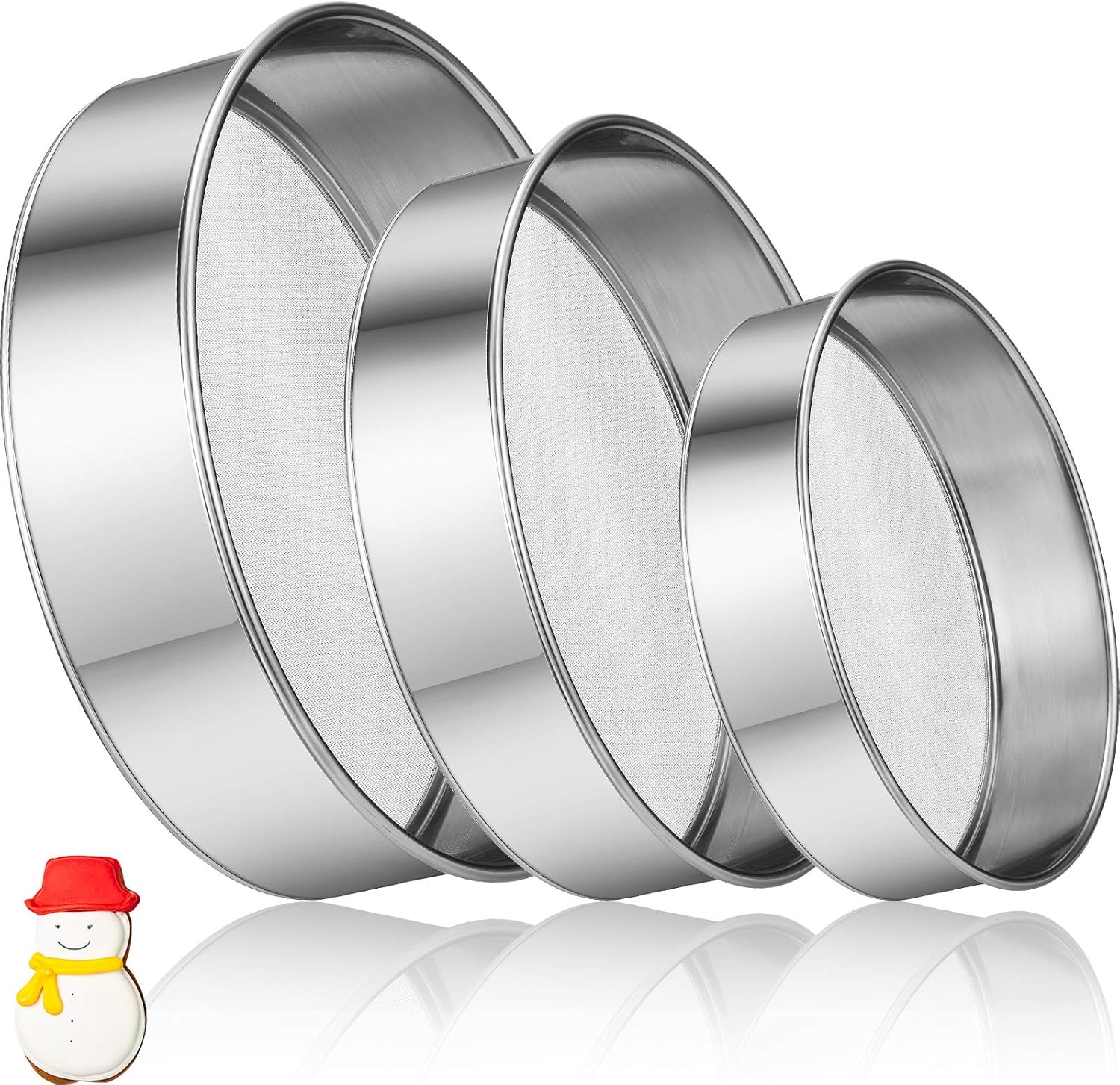 3 Pcs Stainless Steel Round Flour Sifter Sieve Fine Mesh for Bake Decorate Cakes, Pies, Pastries, Cupcakes (6 Inch and 8 Inch 60 Mesh,7 Inch 40 Mesh) - Image 1