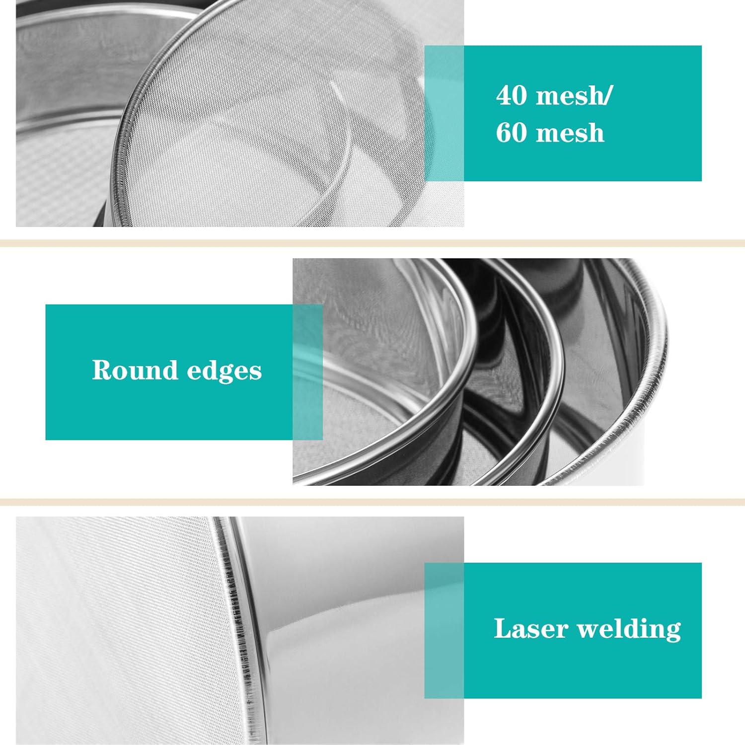 3 Pcs Stainless Steel Round Flour Sifter Sieve Fine Mesh for Bake Decorate Cakes, Pies, Pastries, Cupcakes (6 Inch and 8 Inch 60 Mesh,7 Inch 40 Mesh) - Image 3