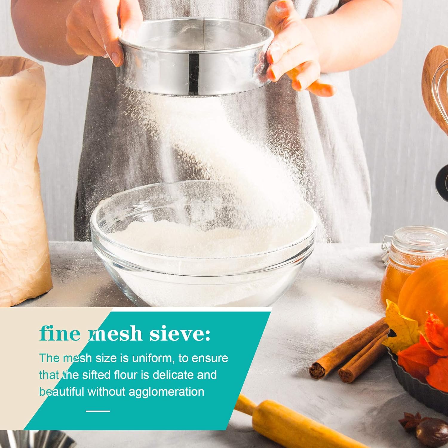 3 Pcs Stainless Steel Round Flour Sifter Sieve Fine Mesh for Bake Decorate Cakes, Pies, Pastries, Cupcakes (6 Inch and 8 Inch 60 Mesh,7 Inch 40 Mesh) - Image 5
