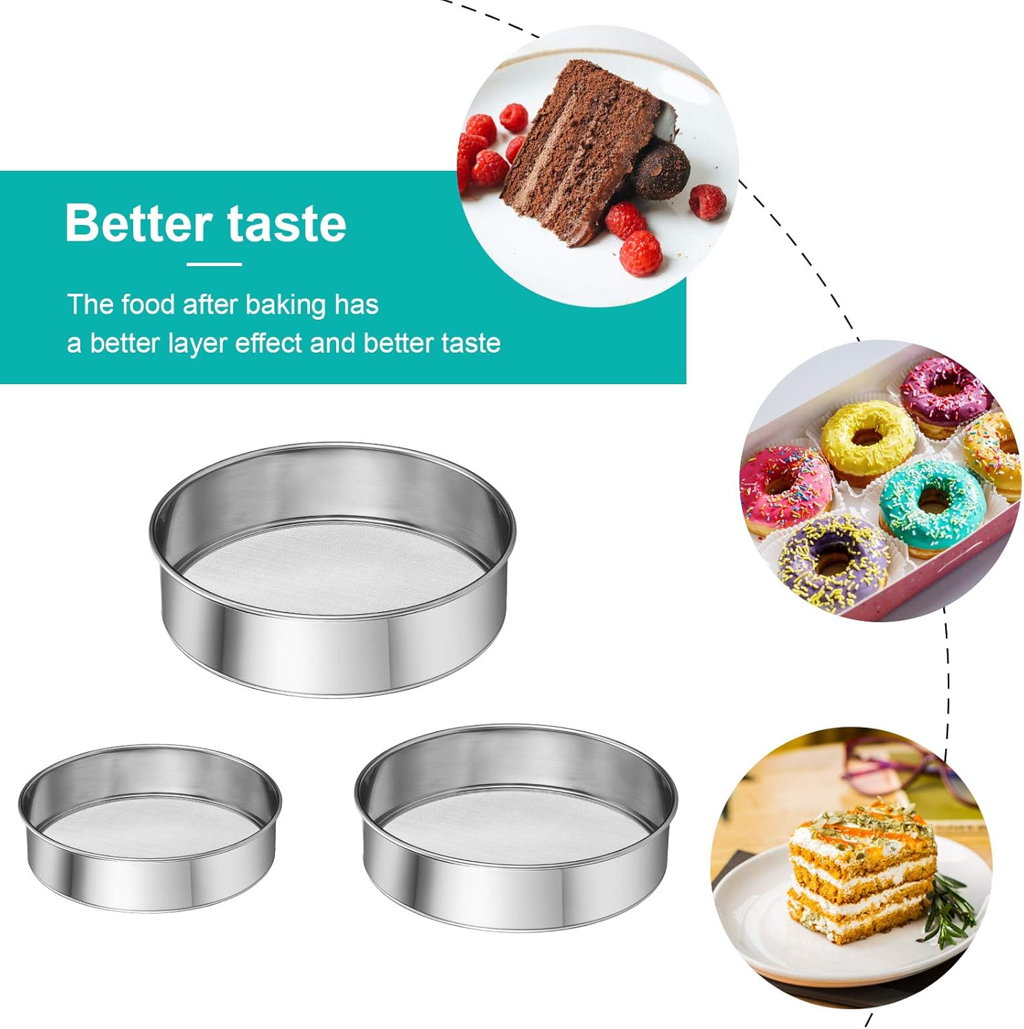 3 Pcs Stainless Steel Round Flour Sifter Sieve Fine Mesh for Bake Decorate Cakes, Pies, Pastries, Cupcakes (6 Inch and 8 Inch 60 Mesh,7 Inch 40 Mesh) - Image 6