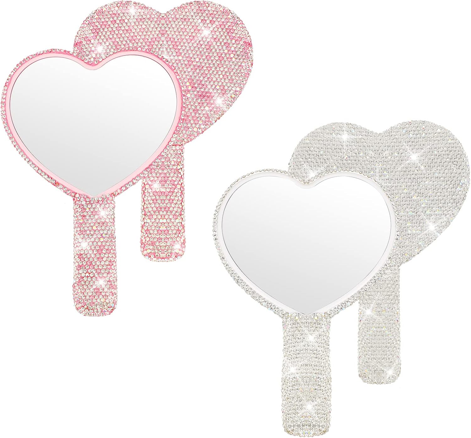 2 Pcs Large Rhinestone Handheld Mirror Heart Shaped Bling Glitter Portable Cosmetic Hand Mirror with Handle for Women Make up Brush Lash(Pink and White) - Image 1