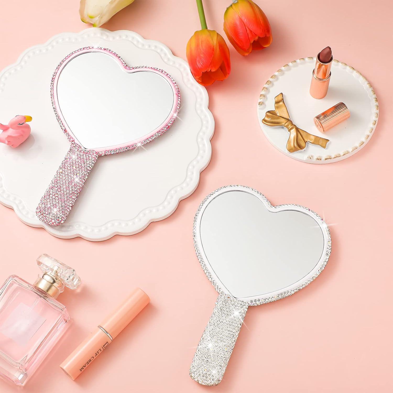 2 Pcs Large Rhinestone Handheld Mirror Heart Shaped Bling Glitter Portable Cosmetic Hand Mirror with Handle for Women Make up Brush Lash(Pink and White) - Image 2