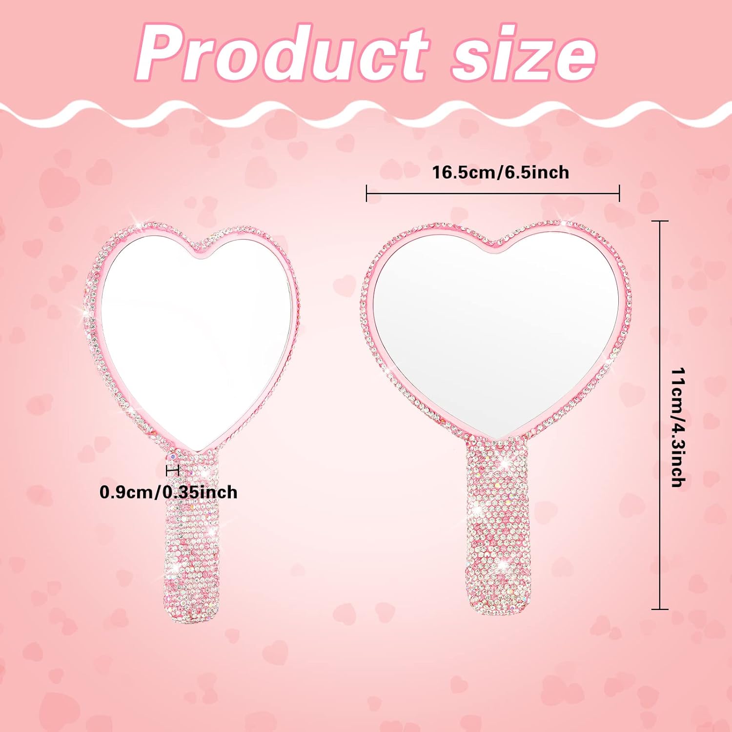 2 Pcs Large Rhinestone Handheld Mirror Heart Shaped Bling Glitter Portable Cosmetic Hand Mirror with Handle for Women Make up Brush Lash(Pink and White) - Image 3