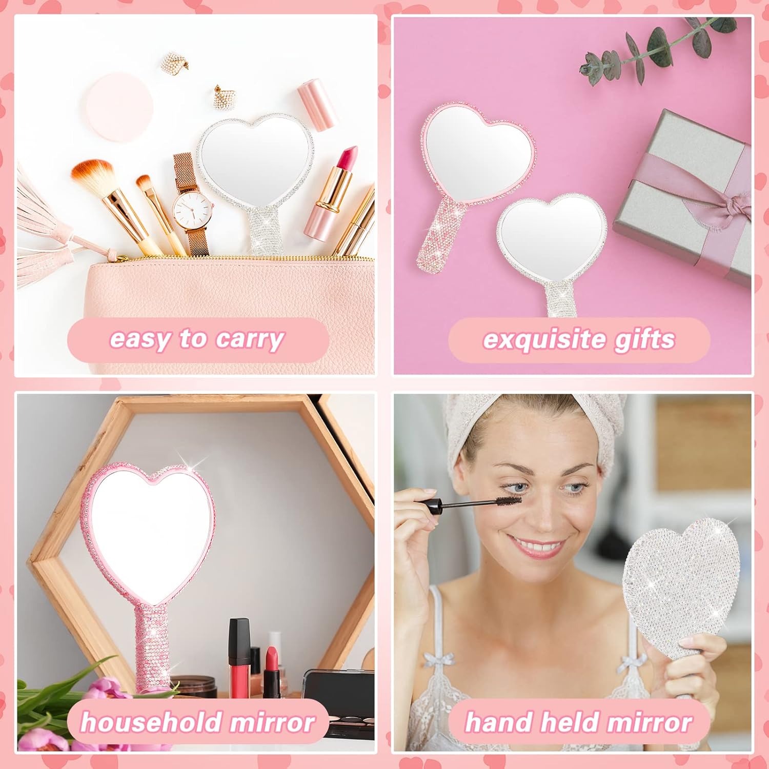 2 Pcs Large Rhinestone Handheld Mirror Heart Shaped Bling Glitter Portable Cosmetic Hand Mirror with Handle for Women Make up Brush Lash(Pink and White) - Image 4